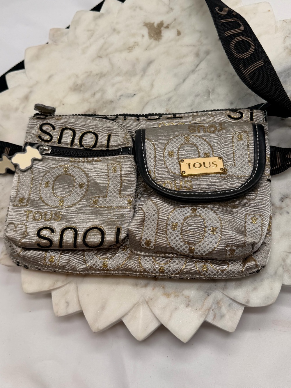TOUS Beige Gold Logo Print Multi Pocket Convertible Belt Bag Crossbody Purse